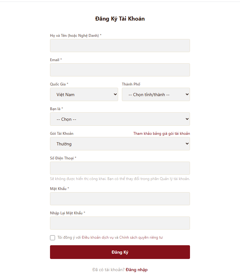 Màn hình đăng ký tài khoản